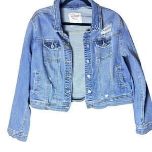Mossimo Supply Womens L Distressed Denim Trucker Jacket Boho western Indie